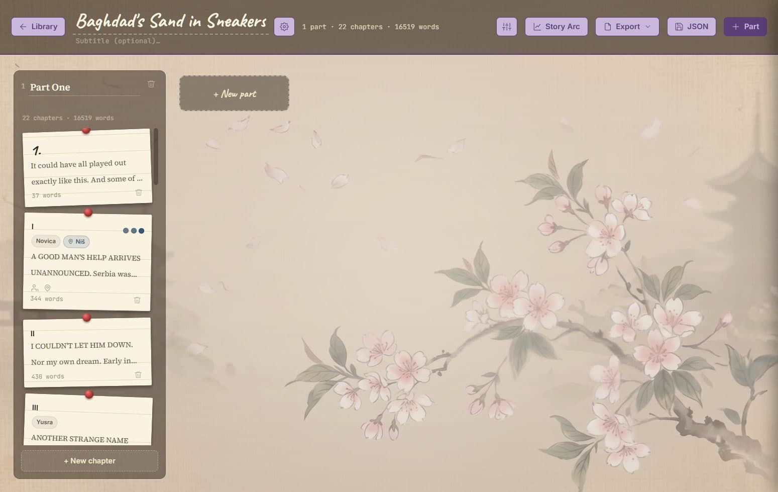Murasaki's corkboard view, showing a novel split into parts and numbered chapters as index cards