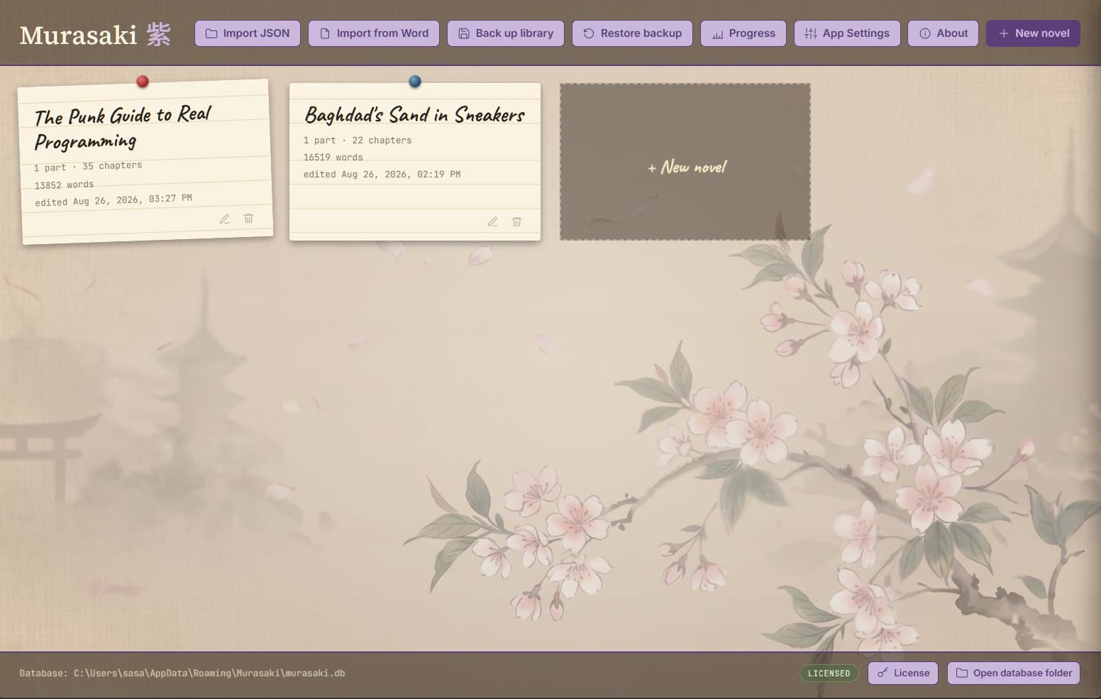 Murasaki's library screen listing novels with a license status badge, set against a cherry blossom backdrop