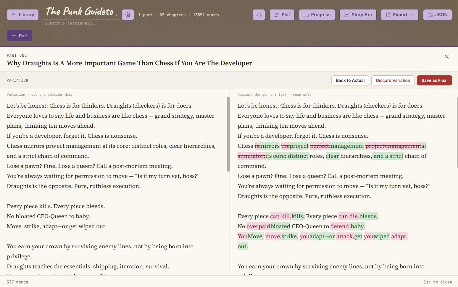 The Variation editor, comparing a draft chapter side by side with the current text, with additions in green and cuts in pink