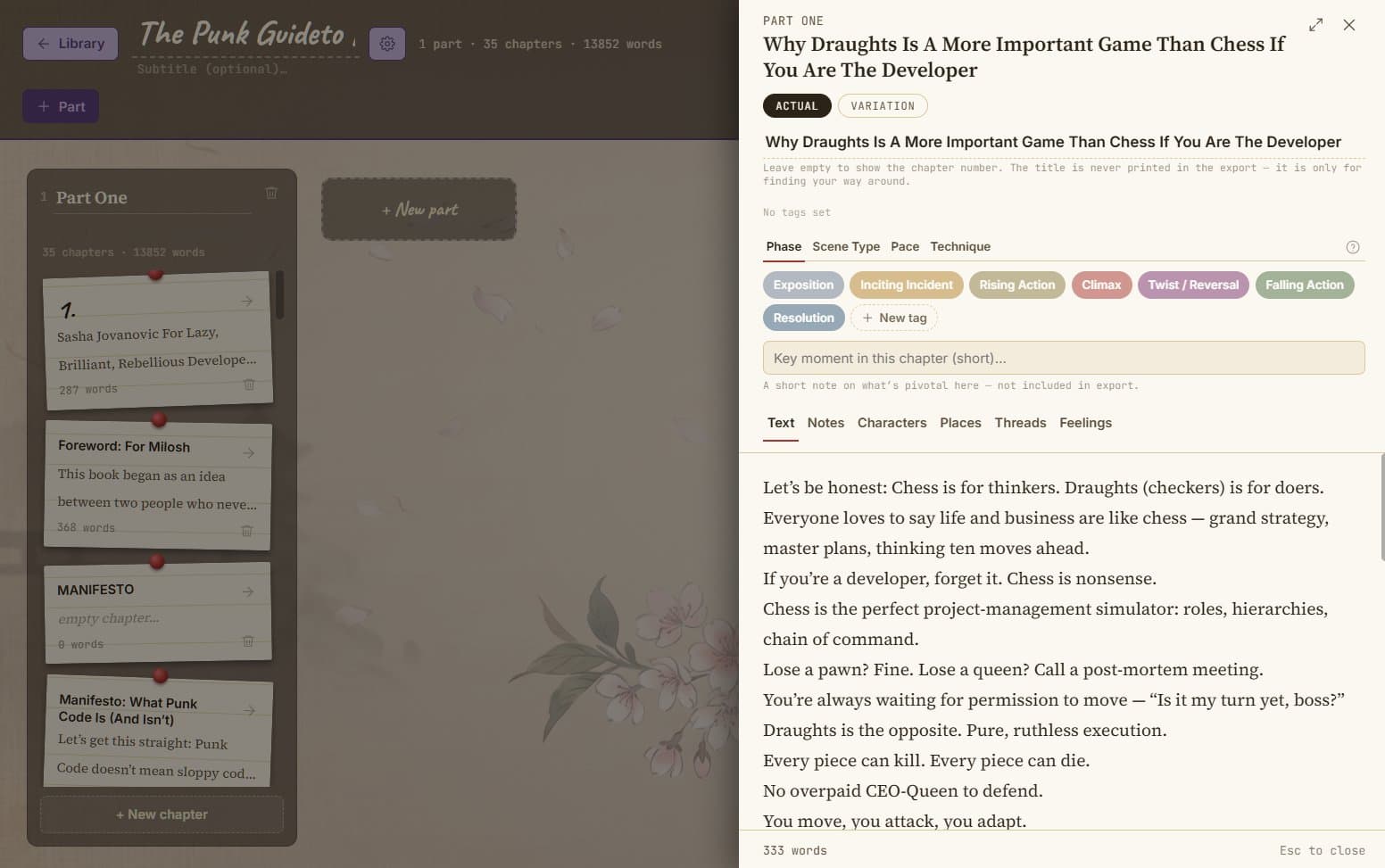 Murasaki's chapter drawer open beside the corkboard, showing the Actual and Variation tabs, Phase tags, and the chapter text